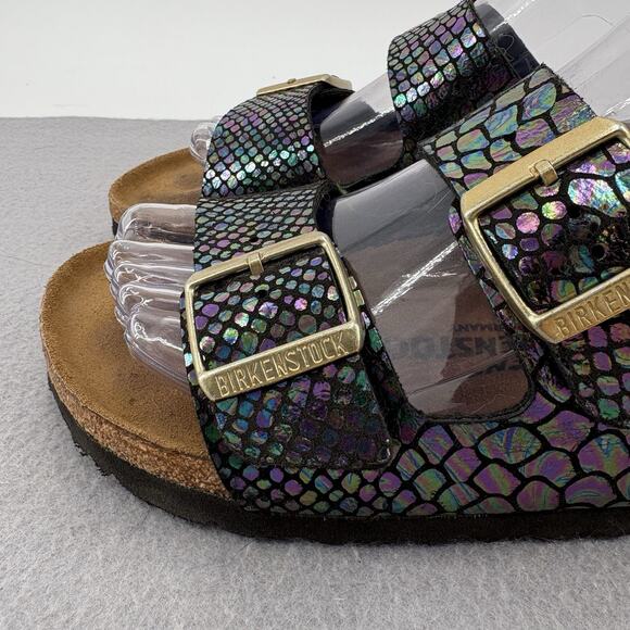 Birkenstock Arizona Sandals 37 US 6-6.5 Iridescent Snake Scale Black Two Strap - Picture 3 of 15